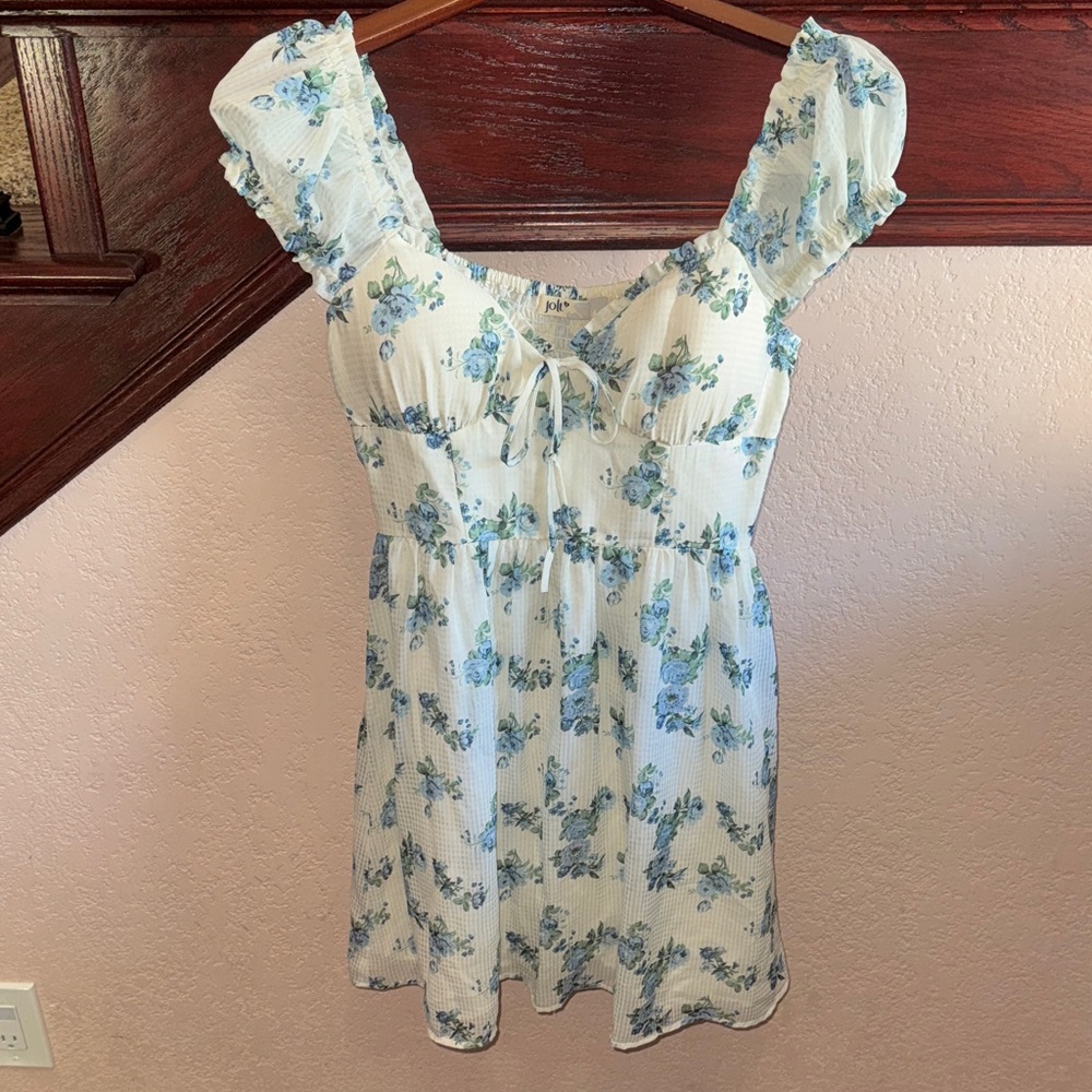 Jolt Women’s Small Rose Floral Blue and White Women's Sheer Short Sleeve Dress